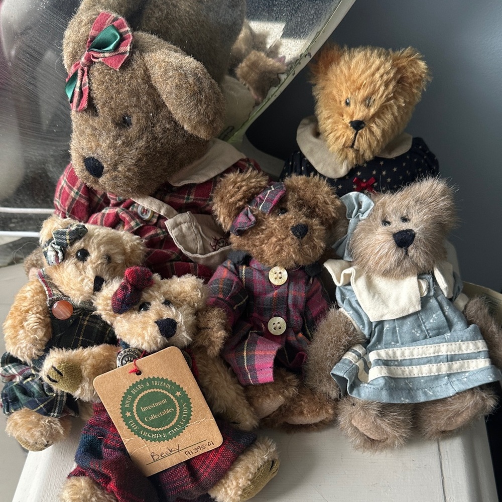 Set of 6 Boyd Bears Vintage Plush Teddy Bear Lot with Plaid & Blue Dresses